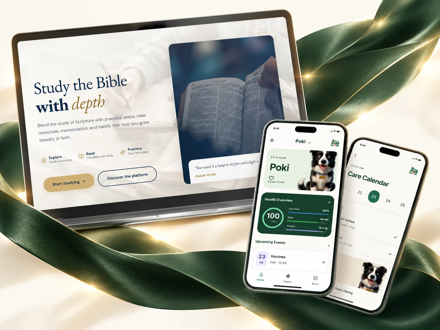 Product presentation inspired by Meet Your Bible and PokiPaw: a web platform and two mobile screens connected by a flowing green ribbon