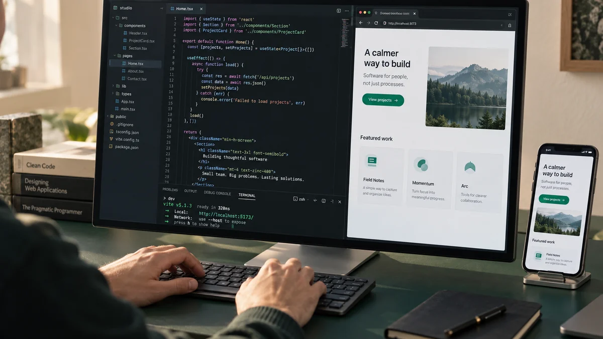 Conceptual software development scene with a code editor, terminal, and web and mobile previews